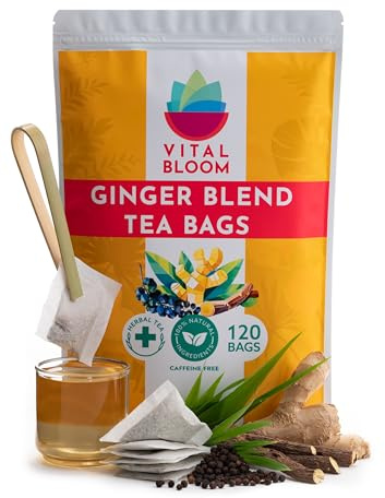 Vital Bloom 120 ct Ginger Tea Bags, Blend With Peppermint, Licorice, Lemongrass and Black Pepper, 100% Natural Ingredients, Bleach Free Tea Bags, Caffeine Free (Free Bamboo Tongs Included)