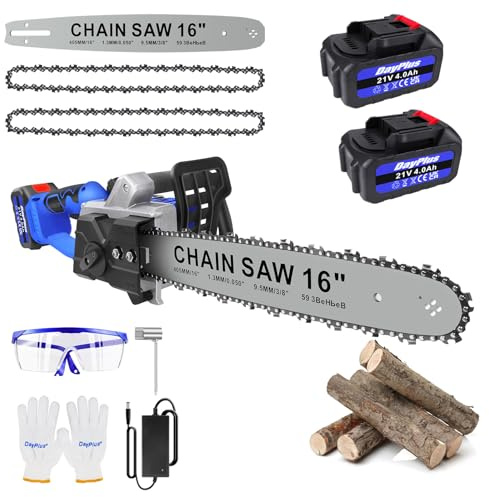 16 Inch Chainsaw Cordless, Brushless Motor Chainsaw with 2X 4.0Ah Battery & 2 Chains, Heavy Duty Battery Chainsaw Electric, Chain Saw with Safety Lock and Strong Motor for Tree Trimming, Blue