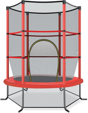 GOPLUS Trampolin Indoor, Kindertrampolin mit Sicherheitsnetz, überdachung, verzinkte Stahlkonstruktion, Sprungmatte, Gartentrampolin rund bis 135kg belastbar (Rot)