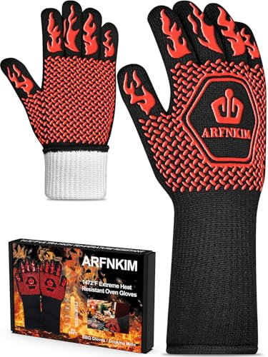 ARFNKIM Guanti da barbecue, resistenti al calore fino a 800 °C, antiscivolo, resistenti al fuoco, guanti da cucina, guanti da forno (rosso)