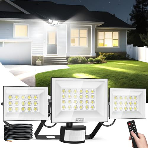 Viugreum Security Lights 200W 20000LM, Led Floodlight with PIR Motion Sensor & Remote Control, IP65 Waterproof 6500K Outdoor Sensor Light, 3 Heads Adjustable for Yard, Court, Street, Parking Lot