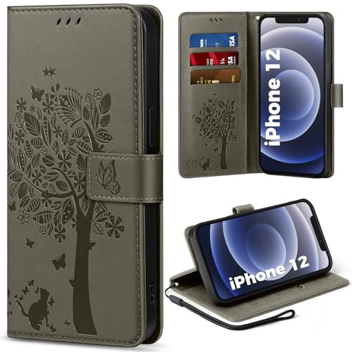 EASDNB Handyhülle für iPhone 12 Hülle Lederhülle Flip Wallet Case | 3 Kartenfächer, Magnet, Ständer, Premium Leder Prägung, Magnetic Closure, RFID Blockierung Klapphülle, 6.1, Grau