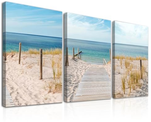 Dazzlewall 3 Pcs Encadré Plage Murale Art Affiche, Ciel Bleu Mer Impressions Côte Affiche Murale pour Salle de Bain Chambre Décor 12x16 in