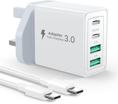 USB C Plug, 40W 4-Port Fast Charger Plug UK With USBC to USB C 2M, Multi USB Charger Plug UK Dual Port PD Power Adapter +QC Wall Charger Multiport Mains Type C Charging Plug for iPhone, Samsung, iPad
