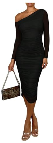 GORGLITTER Women's Asymmetrical Off Shoulder Long Sleeve Dresses Ruched Bodycon Pencil Midi Elegant Evening Dress Black Large