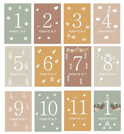 muahmuah Meilensteinkarten Baby – 12 Karten im Boho Stil, Geschenk zur Geburt & Babyparty für Jungen & Mädchen, Neugeborenen Meilenstein Karten Set