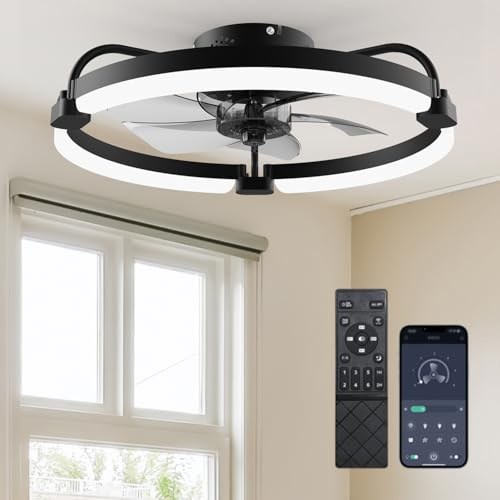 Ensenior Deckenventilator mit Beleuchtung, 50cm Deckenlampe mit Ventilator & Fernbedienung, 6 Geschwindigkeiten Leise, Stufenlos Dimmbar (3000K-6500K), Flaches Design für Schlafzimmer Büro - Schwarz