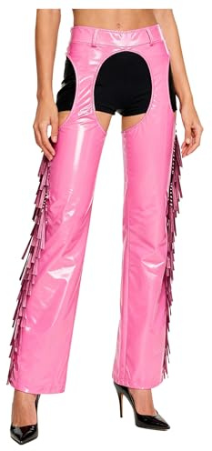 YiZYiF dam wetlook byxor ouvert lack läder chaps cowboy byxor fransar motorcykel rodeo flicka kostym rosa 3XL