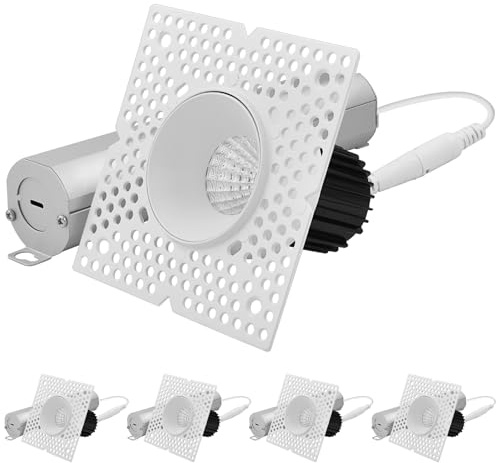 LUXRITE 1 Inch LED Trimless Recessed Spotlight, 10W, 850LM, 5CCT Selectable 2700K-5000K, 38° Beam Angle, Dimmable, Push-n-Lock Spotlight, CRI 90, Damp & IC Rated, Plaster Downlight, ETL White (4 Pack)