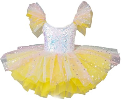 Omfpafeu Vestido de tutú de Ballet para niños, Falda de Baile para niñas, Vestido de Ballet con Lentejuelas, Ropa de competición de Rendimiento,Amarillo,150