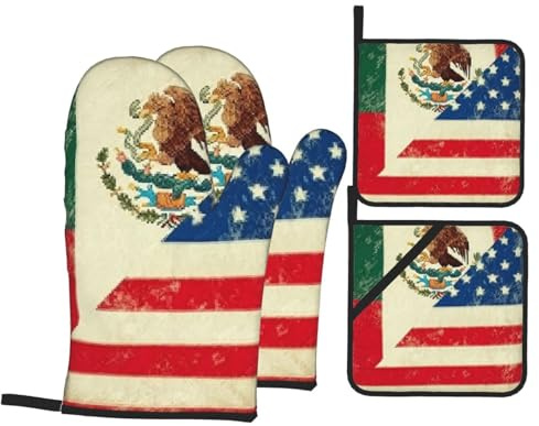 Juego de 4 manoplas de horno y soportes para ollas, resistentes al calor, antideslizantes, guantes de cocina, bandera mexicana americana, guantes de horno, almohadillas calientes, guantes de barbacoa
