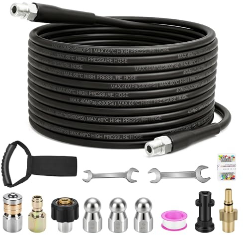 15M High Pressure Washer Drain Pipe Hose Cleaning Kit for Karcher K2 K3 K4 K5 K6 K7 Series, Bosch AQT, Lavor, Unblocker Sewer Jetter Hose Kit with Rotating Jet Nozzle for Drains, Patios, Driveways