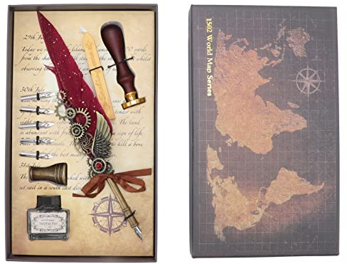 CHEOTIME Federkiel-Set mit Siegelstempel, Vintage-Kalligraphie-Stift-Set mit Wachssiegel-Stempel-Set, Kalligraphie-Feder mit gravierten Federn, Füllfederhalter für Anfänger