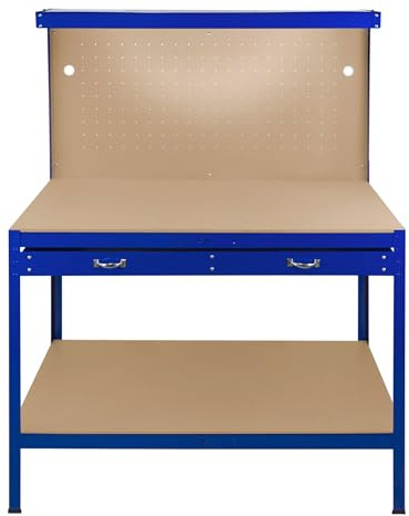 Garage Workbench Blue Pegboard Drawer Shelves LED Light Heavy Duty Steel Wooden Workshop Industrial Shed DIY Work Table Desk Tool Storage Station Unit 370kg Total Capacity 40 Hooks Rubber Mallet