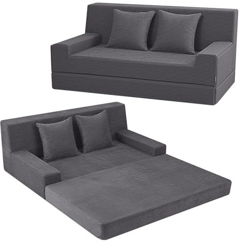 MeMoreCool Boneless Couch Cord Schlafsofa mit Schlaffunktion Grau | Platzsparendes Klappbares Sofa mit Hochdichte Schaumstoff-Matratze und Kissen, Passend für Wohn-, Schlaf- sowie Gästezimmer