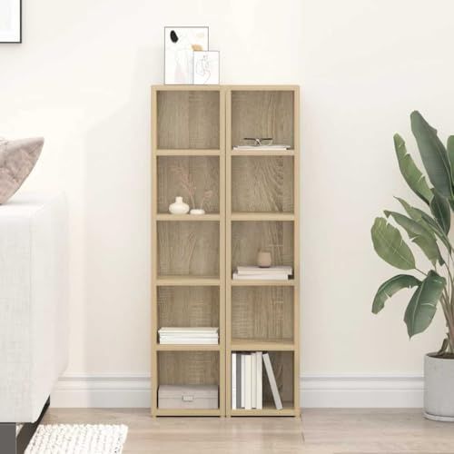 Ziaphsol Lot de 2 étagères à CD en chêne Sonoma - 21 x 16 x 93,5 cm - Montage mural pour CD, DVD, Blu-ray, avec 5 compartiments pour un rangement ordonné des médias