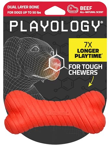 Playology Dog Toys | Dual Layer Bone Chew Toy for Dogs | Beef Scented Medium Dog Bone