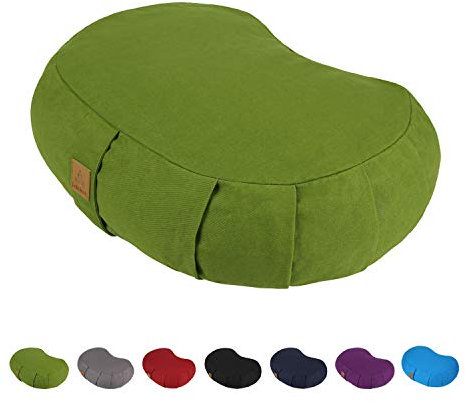 FelizMax Crescent Zafu Meditation Pillow, 44x28x14cm, Zabuton Yoga Bolster, Meditation Cushion, Floor Pouf Yoga Pillow, Zippered Organic Cotton Cover, Natural Buckwheat, Large Kneeling Pillow-Green