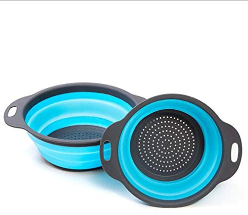 Passoire de cuisine pliable en silicone avec poignées pour égoutter les fruits et légumes (S + L) (Bleu)