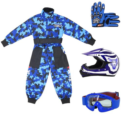 Zorax Blue CAMO S (5-6 Years) Kids Suit & Gloves S(5cm) & Goggles & Zorax S (49-50cm) ZOR-X17 Kids Motocross Helmet ECE 2206, Children Motorbike Motorcycle Helmet Set