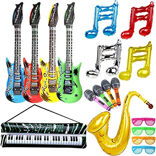 18 Pezzi Rock and Roll Forniture per Feste, Set di Puntelli Gonfiabili Rock Star, Chitarre Microfoni Sax Gonfiabili, Regali per Feste di Compleanno, Palloncini Strumenti Musicali Accessori Decorazione