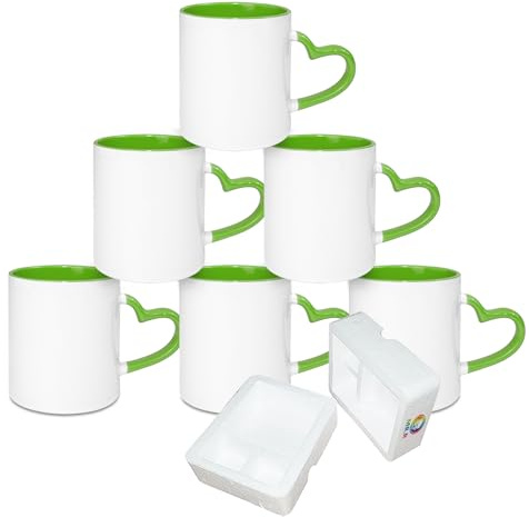 MR.R Ensemble de 6 tasses à café vierges de sublimation de 11 oz, tasse de tasse blanche vierge avec tasse de couleur intérieure verte et poignée en forme de cœur