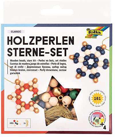 folia 22521 - Holz-Perlen Sterne Set Classic, Bastelset mit 160 Holzkugeln und einer goldenen Schnur zum Auffädeln, zum Basteln von Sternen und Anhängern, Mehrfarbig