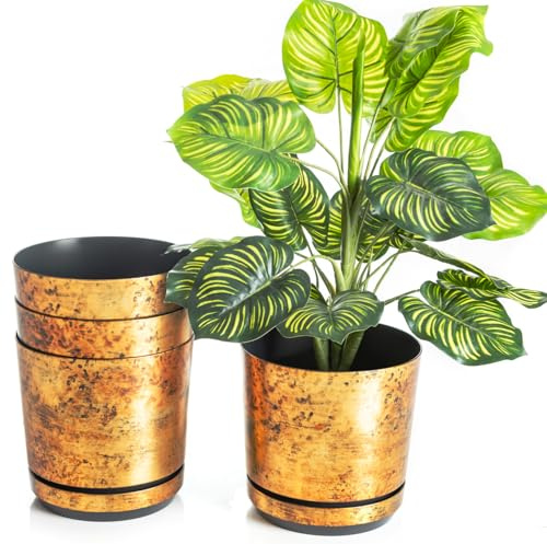 KORAD Set di 4 vasi con sottovaso di diametro 18 cm modello 033 - Ruggine; glamour; moderno, alta brillantezza, stile classico, rustico, loft, per piante, erbe, fiori e composizioni vegetali.