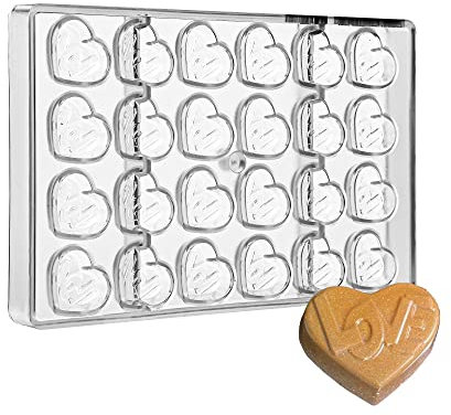 Greyas CM 3841 - Stampo in policarbonato trasparente per cioccolatini e caramelle, con 24 cavità a forma di cuore, 38 x 32 x 11,4 mm