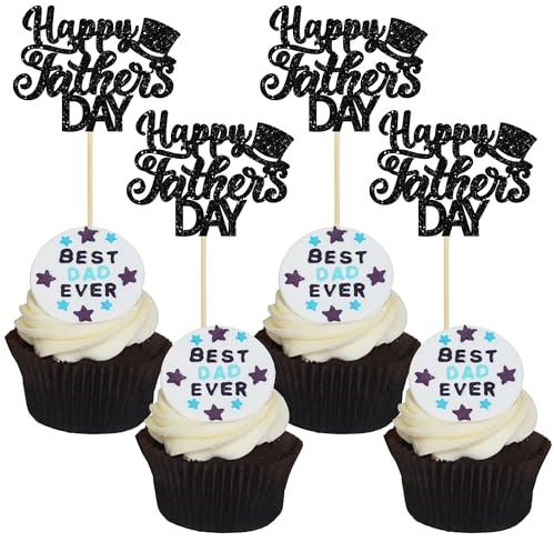 24 PCS Happy Father's Day Cupcake Toppers with Hat Black Glitter Best Dad Ever Theme Cupcake Picks Dad Birthday Decorations for Father's Day Dad Birthday Party Supply