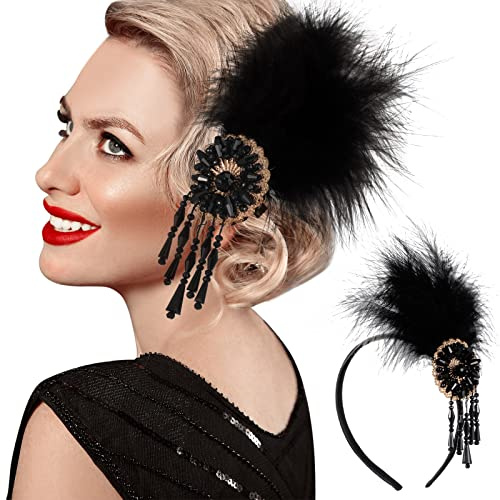 Diadema de Pluma Vintage Banda de Pelo de Pluma Flapper de Pelo Tocado de Cabeza de 1920 con Accesorios de Cristal para Mujer Disfraz de Años 20 Fiesta de Carnaval Adornos de Cabello
