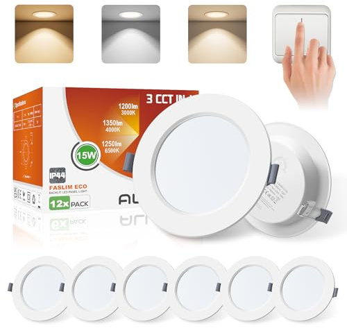 ALUSSO LED Panel Downlights 15W Slim Recessed Ceiling Lights Warm White 3000K Neutral White 4000K Cool White 6500K Adjustable IP44 Waterproof Spotlights for Bathroom Kitchen Living Room, 6 Pack