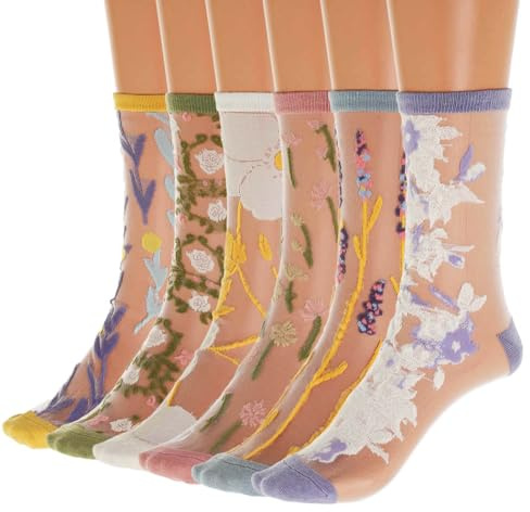 IYOU Chaussettes Transparentes pour Femmes Élastique Vintage Fleur Cheville Chaussettes Hautes Chaussettes en Soie de Verre Mince Été pour Femmes et Filles(6 Paires)