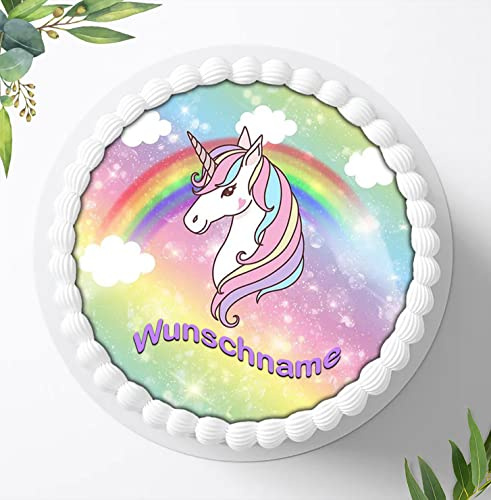 Für die Geburtstags Torte, Zuckerbild kompatibel mit: Einhorn Tortenbild Personalisiert mit oder ohne Wunschname, Essbares Foto für Torten, Fondant, Tortenaufleger Ø 20cm, 0269z