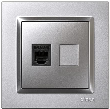 SIMON - Enchufe Teléfono Fijo, Conector RJ11, Serie Simon 10, Roseta de Pared, Enchufe de Empotrar, Fácil de Instalar, Incluye Marco, Tapa y Mecanismo, Color Aluminio
