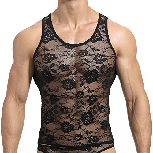Caziffer Men Sheer Floral Lace Mesh Tank Tops Sexy Vest Lingerie Sleeveless Fitness Muscle T-Shirt See Through Fishnet Slim Fit Bodybuilding Undershirt Party Club Costume