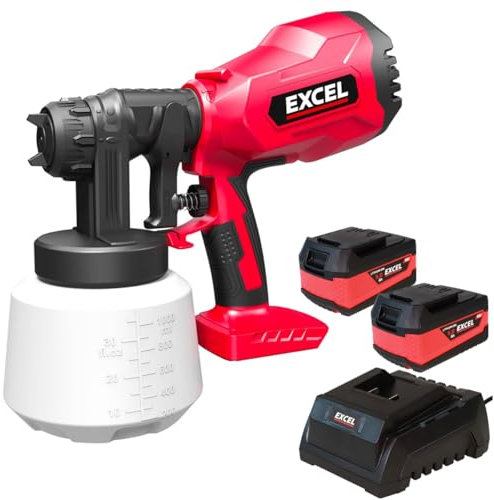Excel 18V Cordless 1000ml Spray Gun with 2 x 5.0Ah Battery & Charger - 1000ml Tank Capacity, 2 Size Nozzles,3 spray patterns,Cleaning Needle & Brush, 18V Spray Gun