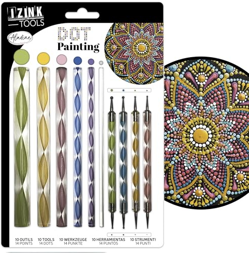 Aladine - Dotting Painting Werkzeugset – 10 Werkzeuge & 14 Aufsätze – für Mandalas, Malerei auf Kieselstein, Holz, Stoff, Leinwand – Dotting Malerei Punkte – Kreatives Hobby – 80811