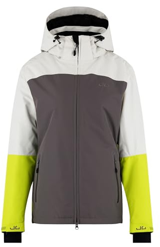 Jeff Green Damen Atmungsaktive wasserdichte Winter Ski Snowboard Jacke Marita 12.000mm Wassersäule und Abnehmbare Kapuze, Farbe:Silver Birch/Dark Gull/Lime Bunch, Größe:42