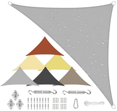 Sonnensegel Wasserdicht Dreieckig, Viele Größen und Farben aus PES-Polyester 95% UV-Schutz, Witterungsbeständig, Reißfest mit Befestigungsset für Terrasse und Garten-1.6x1.6x2.3m, Hellgrau
