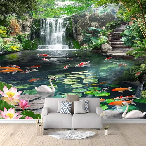 Papier Peint Intissé Photo Mural Cascade et étang de paysage naturel 3D - Décoration Murale Toison pour Chambre à Coucher, Salle - Tableaux Tapisserie Photo - Plantes Arbres Et Animaux 300 x 210 cm