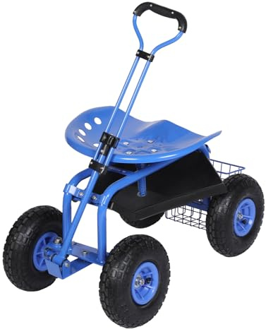 Siège de jardinage roulant avec roues, tabouret de jardinage pour plantation, siège pivotant à 360°, scooter de jardin avec poignée de direction et plateau à outils, chaise de jardin pour l'extérieur,