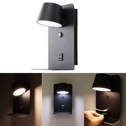 Alpinaluz Applique LED orientable 6W Noir avec tonalité de couleur réglable (3000K/4000K/6000K), interrupteur, port de charge USB Type C et A, support en aluminium de 14 cm pour têtes de lit et tables