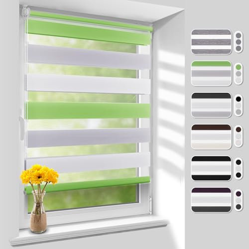 Homland Doppelrollo Klemmfix ohne Bohren B90 x H150 cm(Stoffbreite 85cm) Grün-grau-weiß, Duo Rollo, Rollo Klemmrollos lichtdurchlässig & verdunkelnd, Verstellbar Fensterrollo Sonnenschutz