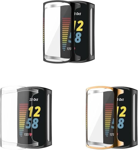 3 Pack Case Compatible with Fitbit Charge 6 with Screen Protector, Flexible TPU Shockproof Scratch Proof Cover Case for Fitbit Charge 5/Charge 6 Activity Tracker (Black/Clear/Rose gold)