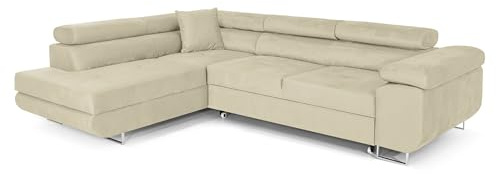 COMFORTINO FURNITURE Ecksofa mit Schlaffunktion PASTI L-Form, Sofa Couch mit Bettkasten, 3-Sitzer Eckcouch, Schlafsofa für Wohnzimmer, Big Sofa Couch mit Schlaffunktion (Beige, Ottomane Links)