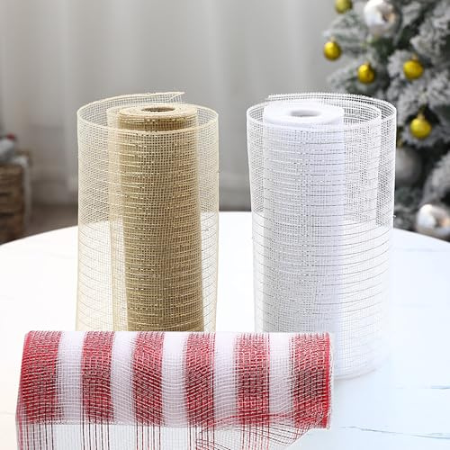 LadjproR 3 Rollen Weihnachts Poly Netzband Weihnachtsbaumband(26cm x 10 Yards) Mesh Glitzer Band Weihnachten Glitzer Band für Weihnachtsbaum Kränze Band Girlande Dekoration