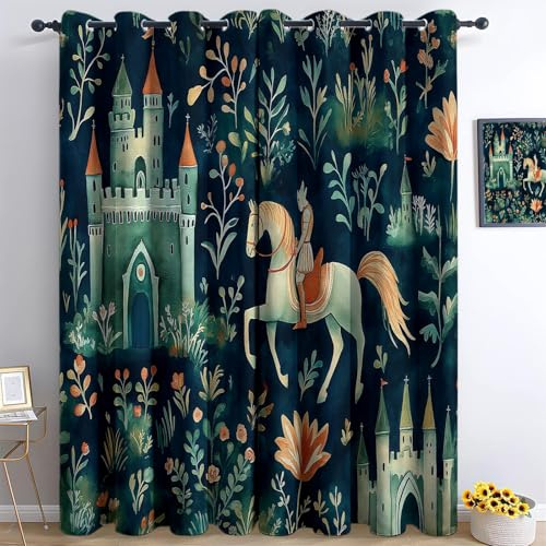 Generisch Blickdicht Vorhang Ösenschal Verdunkelungsvorhang 3D Aquarellmalerei Burg Ritter Pferd Gardinen Kinderzimmer Wohnzimmer Thermovorhang Polyester Vorhänge 183 x 117 cm 2Er Set