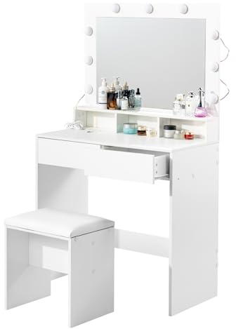 HOMYLIN Vanity Scrivania con specchio e luci, trucco vanità e sgabello imbottito, tavolo da toeletta con cassetti e divisorio per camera da letto, spogliatoio, studio, bianco