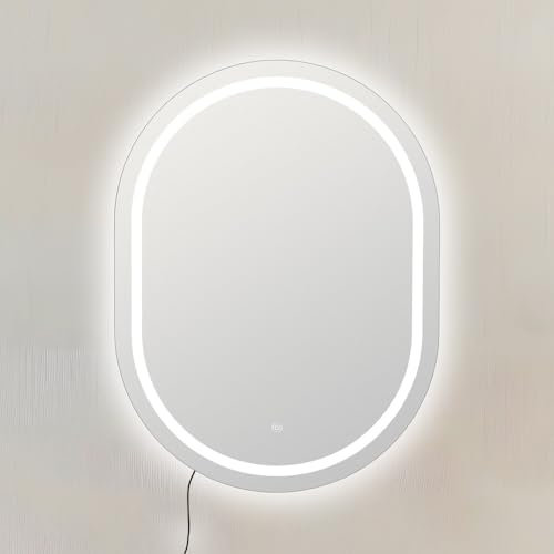 LOLAhome Espejo de Pared con Luz Led Blanca de 4500 Kelvin con Botón Táctil y Enchufe Europeo Ovalado de 80x60 cm con Marco Plateado